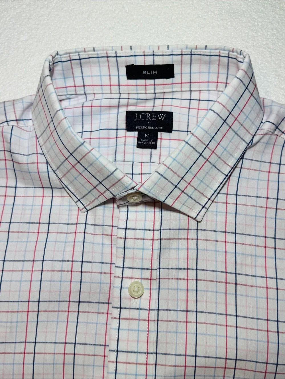 J. Crew Performance Slim Men’s White Shirt with Blue and Red Windowpane Check